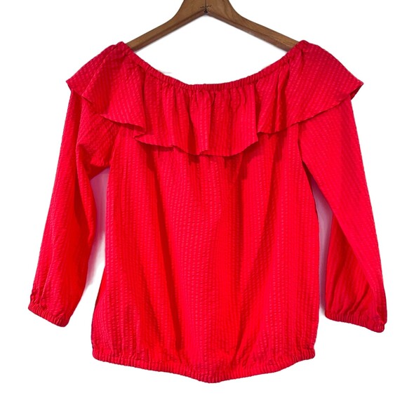 Michael Kors Seersucker Sangria Off the Shoulder Blouse Small NEW - Picture 9 of 11
